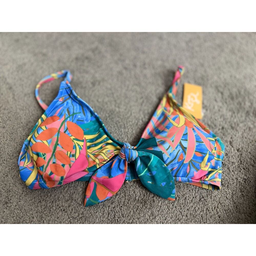 Kona Sol Floral Tropical Print Blue Knot Front Bikini Top NWT M